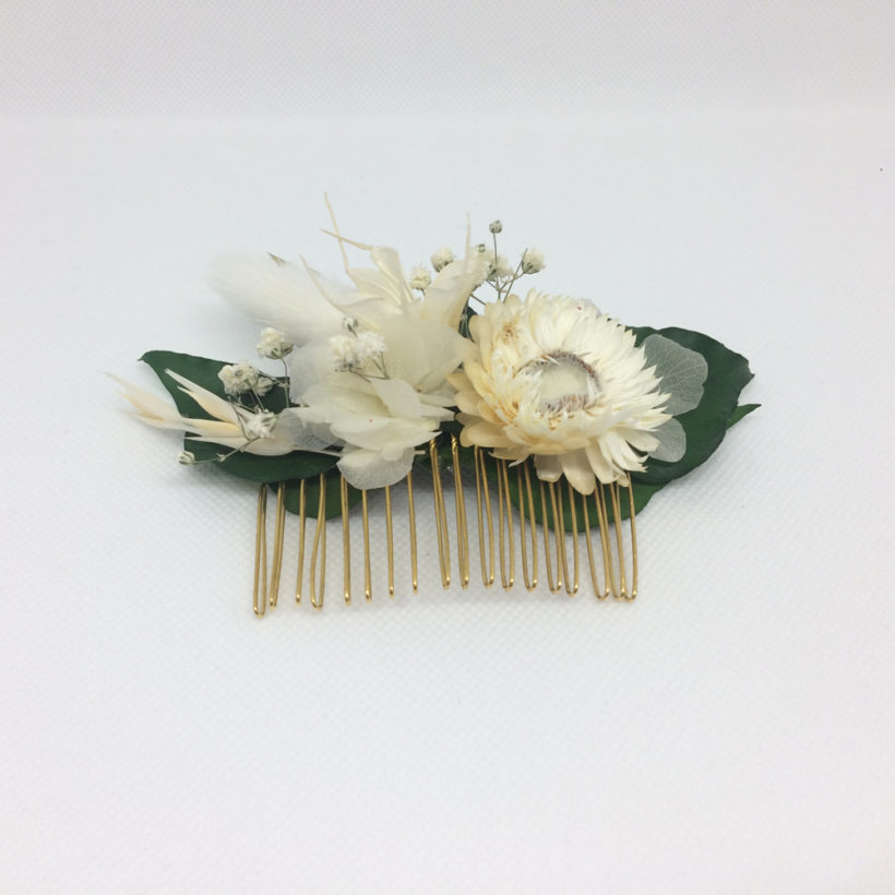 Peigne De Fleurs Séchées Et Stabilisées écru Et Vertes
