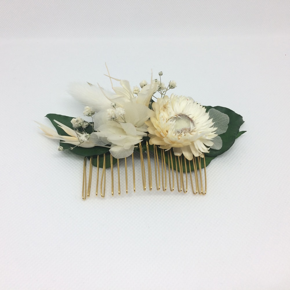 Peigne De Fleurs Séchées Et Stabilisées écru Et Vertes